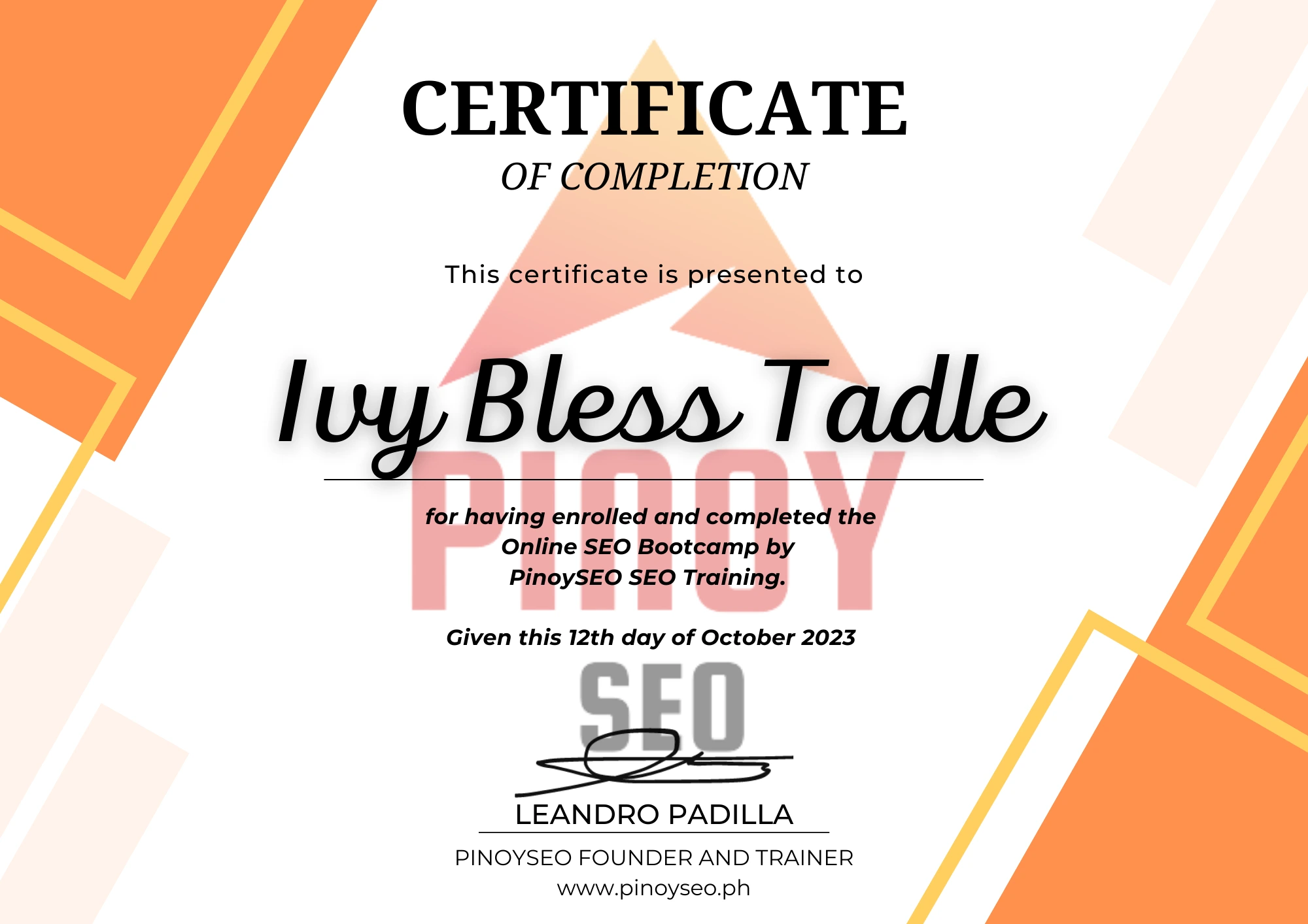 Ivy-Bless-Tadle-SEO-Certificate SEO Specialist Certificate By SEO Specialist Ivy Bless Tadle